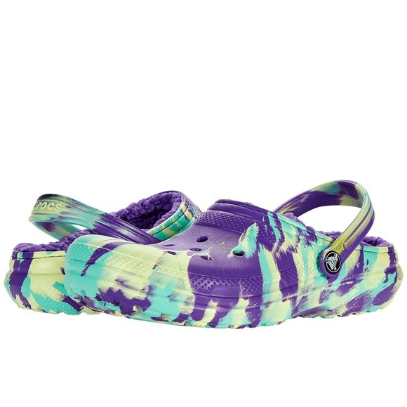 CROCS KIDS' CLASSIC MARBLED TIE DYE LINED CLOG | KIDS' SLIPPERS, NEON PURPL - Picture 2 of 2